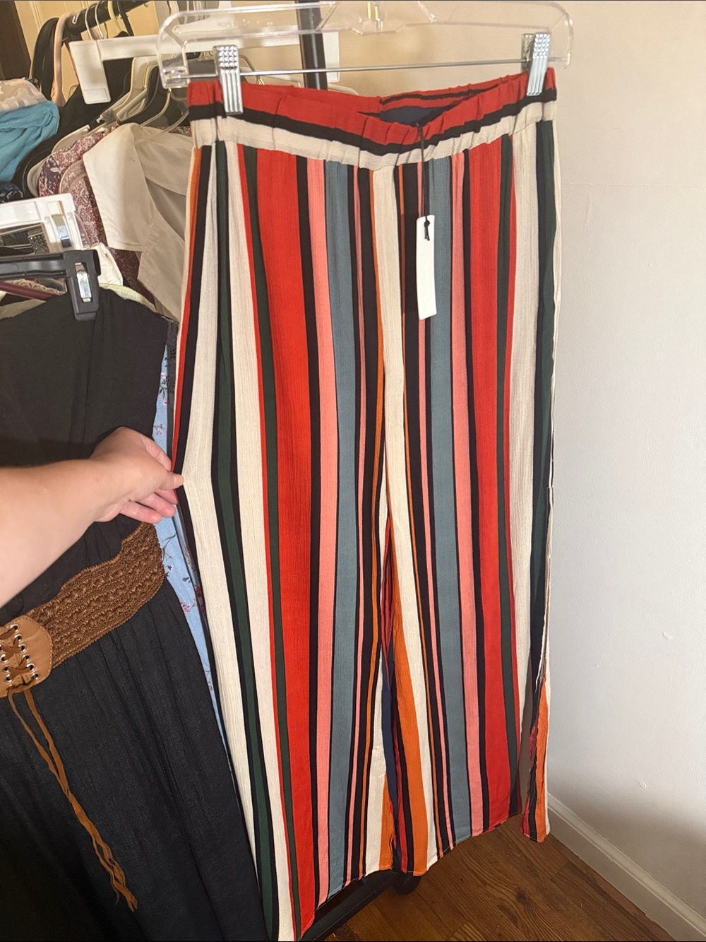Olivaceous Red, Cream, Black & Blue Vertical Stripe Wide-Leg Pants